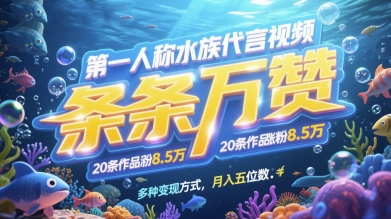 第一人称水族代言视频，条条万赞，20条作品涨粉7.8W，多种变现方式月入五位数-云悦网创｜知识付费