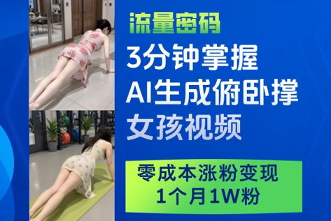 3分钟掌握AI生成俯卧撑女孩视频，零成本涨粉变现，1个月1W粉-云悦网创｜知识付费