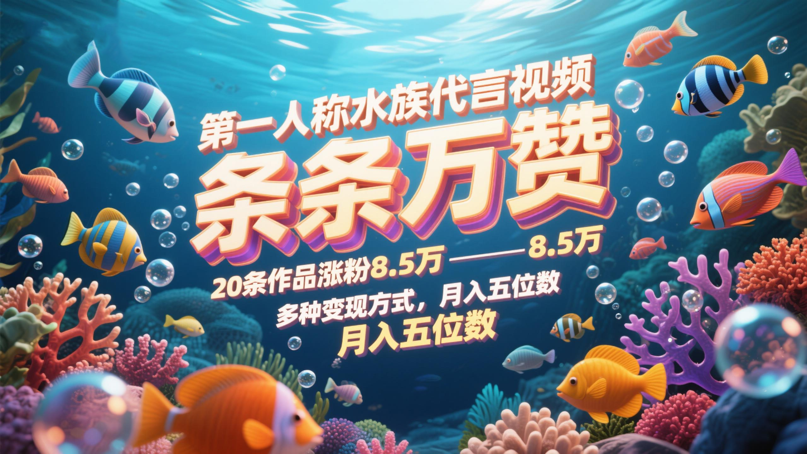 第一人称水族代言视频，条条万赞，20条作品涨粉8.5万，多种变现方式月，入五位数-云悦网创｜知识付费